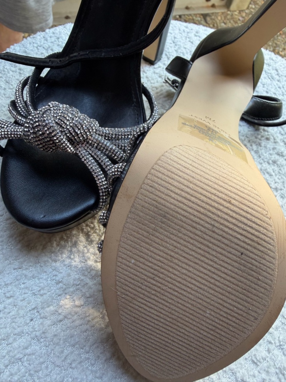 Nine West Black Satin Heels with Silver Rhinestone Knot Detail - Picture 3 of 7